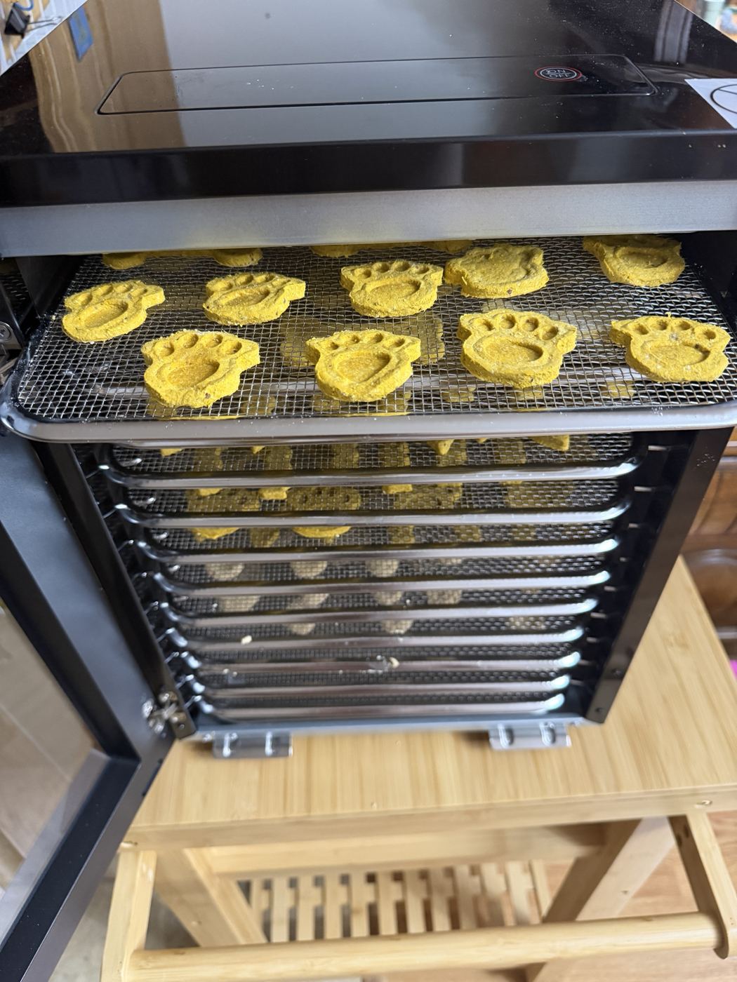 Paw print treats on a dehydrator tray